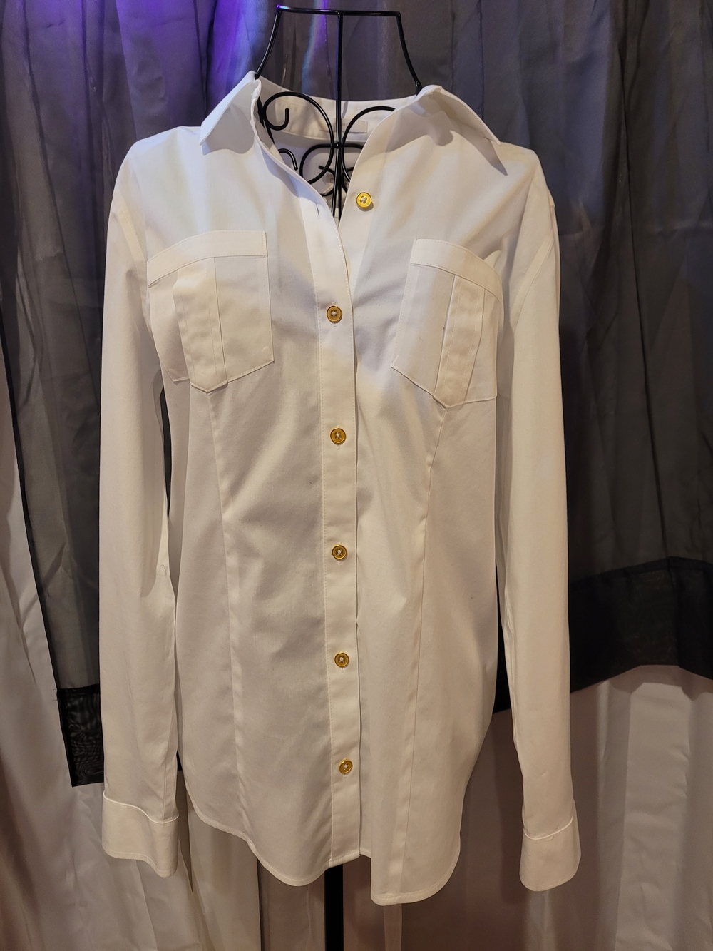 Chico's White Button-Down Shirt with Gold Buttons